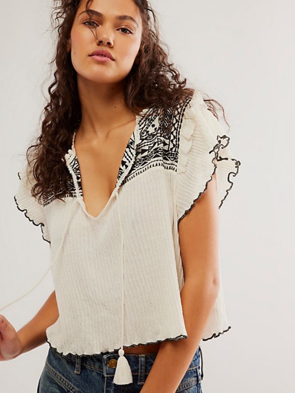 Free People Cream Peasant Top with Black Embroidery